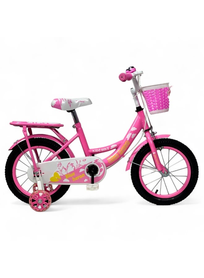 البدر دراجة فري ستايل للاطفال من البدر مقاس 14 انش بتصميم عصري للبنات بعمر 5-8 سنوات، لون بينك، مع مقعدين وسلة، عجلات تدريب مضيئة، اطارات هوائية انش، اطفال، زهري - Image 1